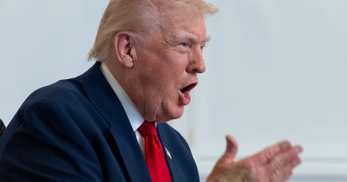 Donald Trump speaking at a rally, with supporters in the background.