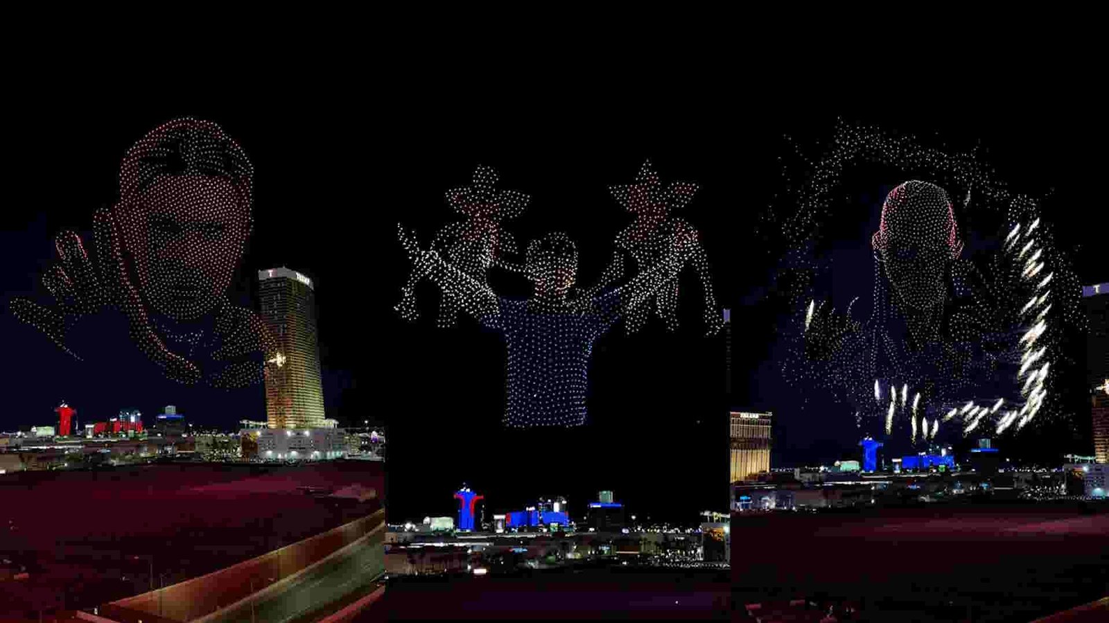 A drone capturing dynamic aerial footage over the Las Vegas Strip at dusk, with neon lights glowing.
