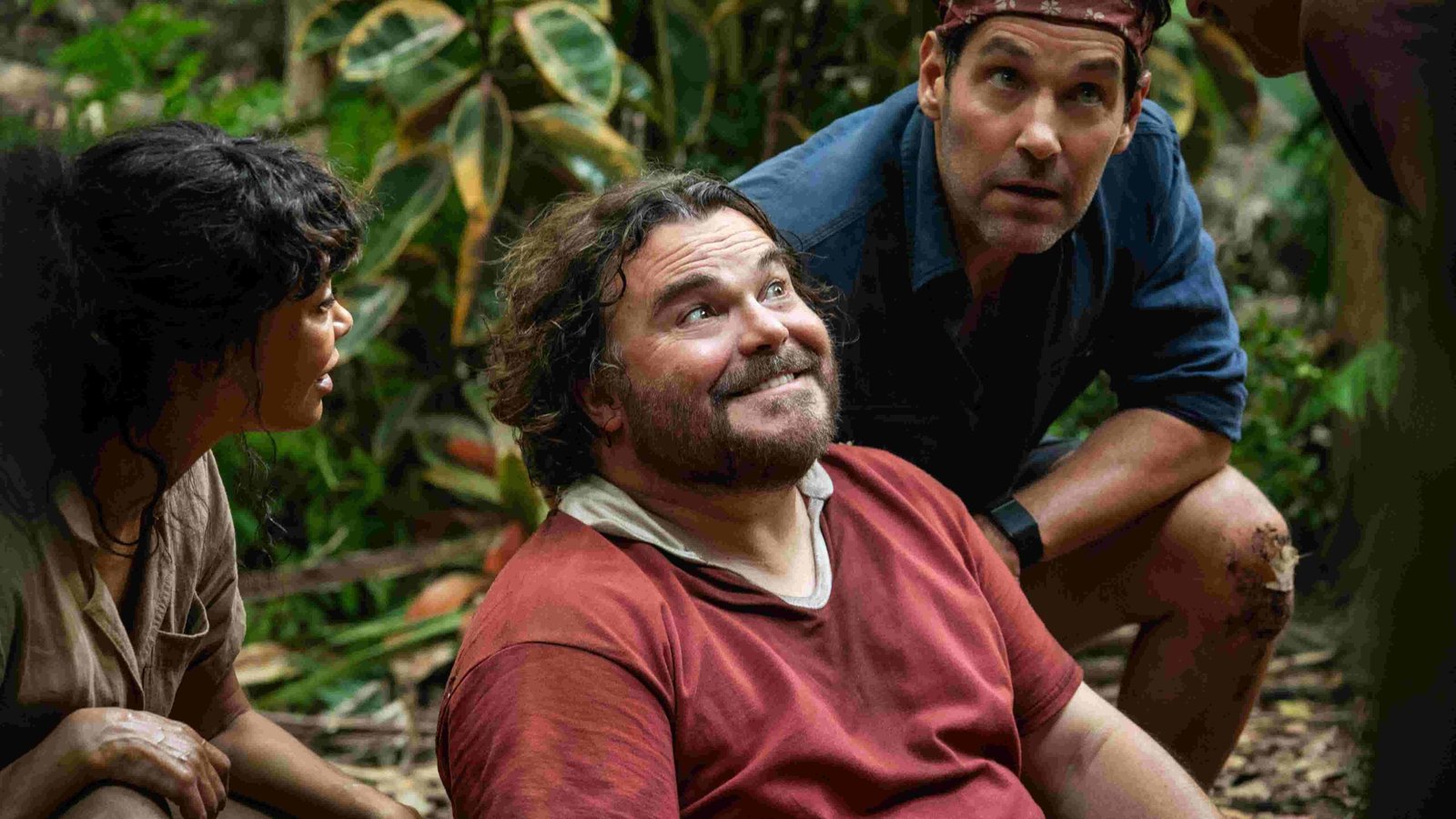 Jack Black and Paul Rudd in a tense moment, possibly facing the giant anaconda.