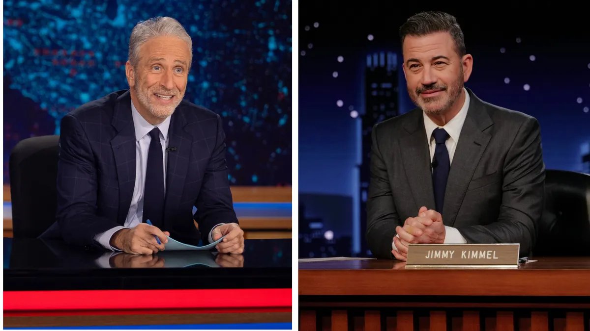 Kimmel and Stewart delivering their monologues, images combined.