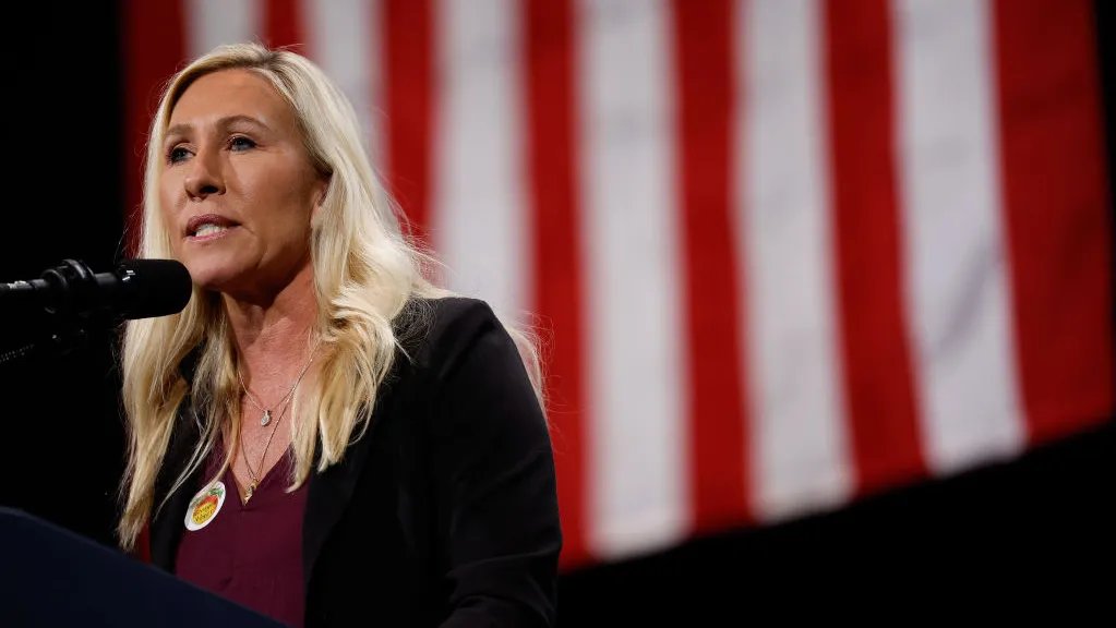 Lesley Stahl interviewing Marjorie Taylor Green in a studio setting