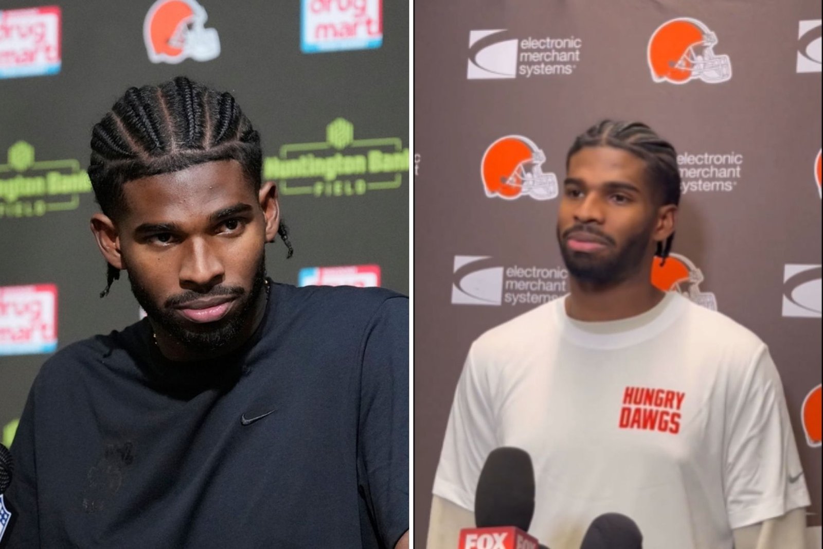 Shedeur Sanders speaks at a press conference, microphone stands in front of him, looking serious amidst a backdrop of team logos.