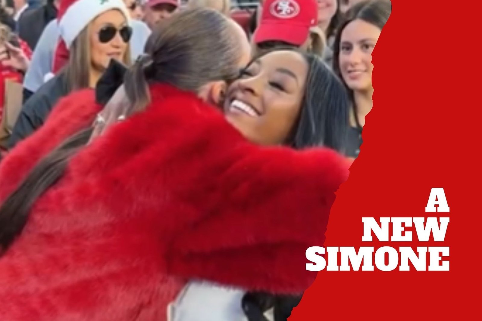 Simone Biles and Olivia Culpo sharing a laugh at the Bears game