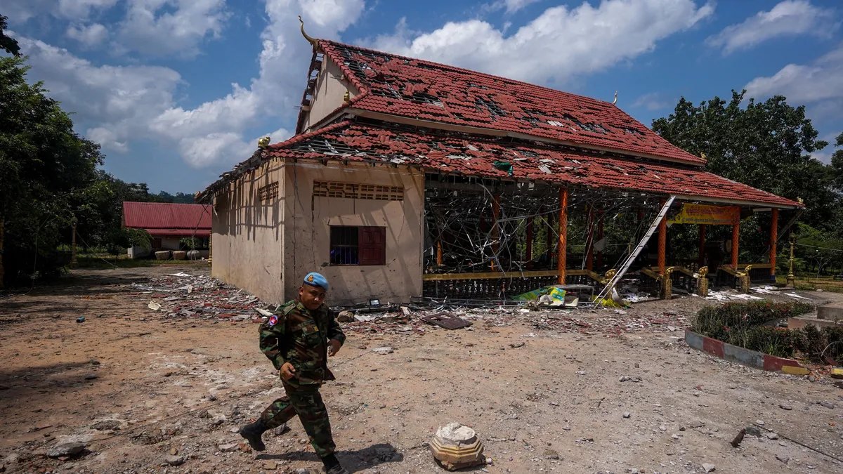 Thai military personnel gather near the disputed border following recent strikes.