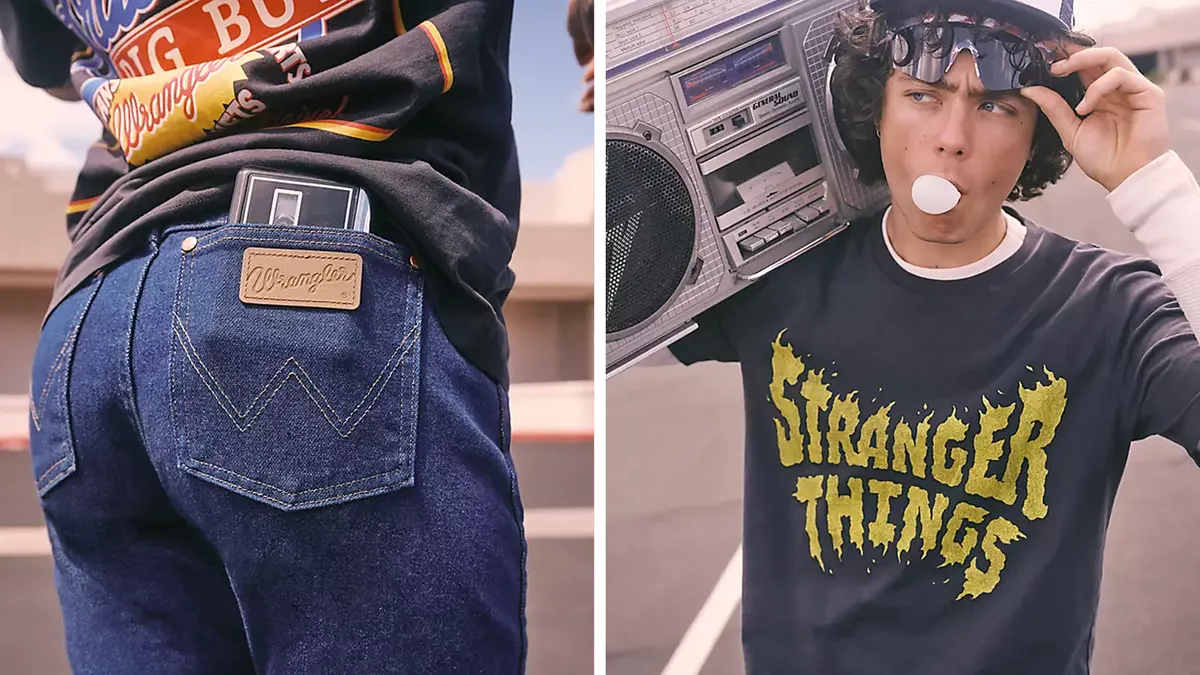 A detailed close-up of Wrangler x Stranger Things denim with unique embroidery and branding, showcasing the blend of classic style and pop culture appeal.