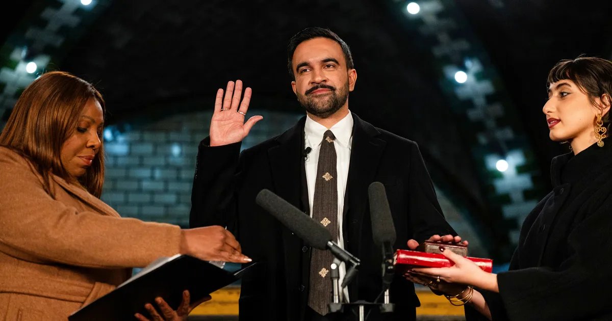 Mayor Zohran Mamdani taking the oath of office at City Hall, New York City