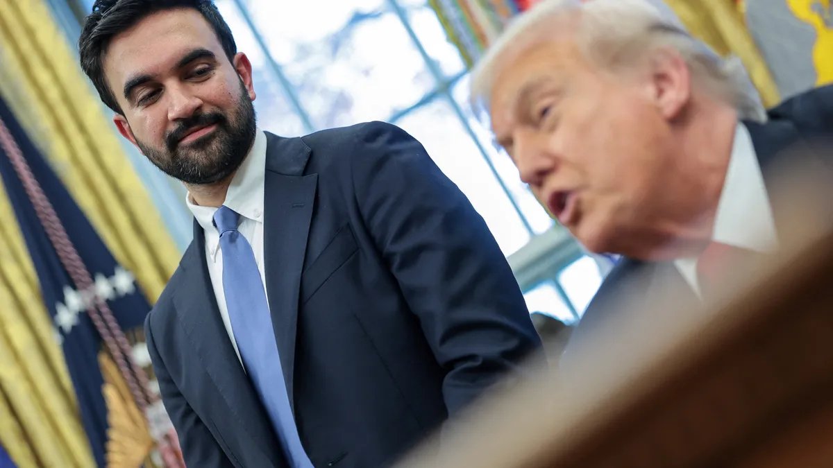 Donald Trump and Zohran Mamdani side-by-side, representing their contrasting political figures in New York City.