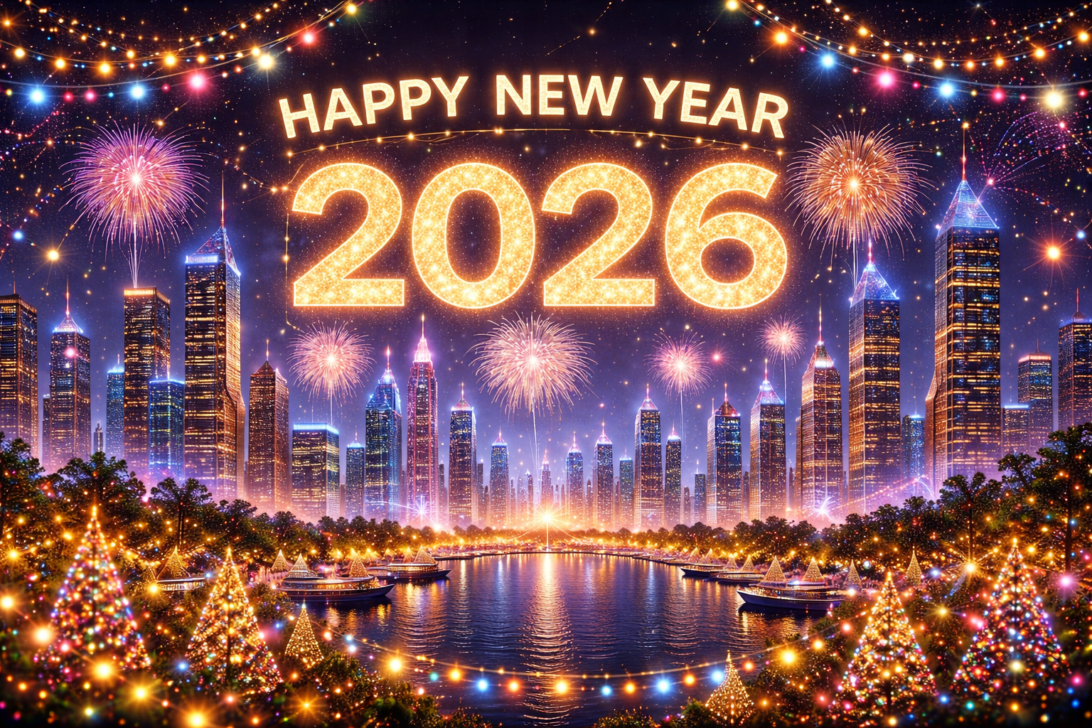 A person typing a thoughtful Happy New Year 2026 message on a smartphone, with festive lights in the background, highlighting the blend of technology and personal connection.