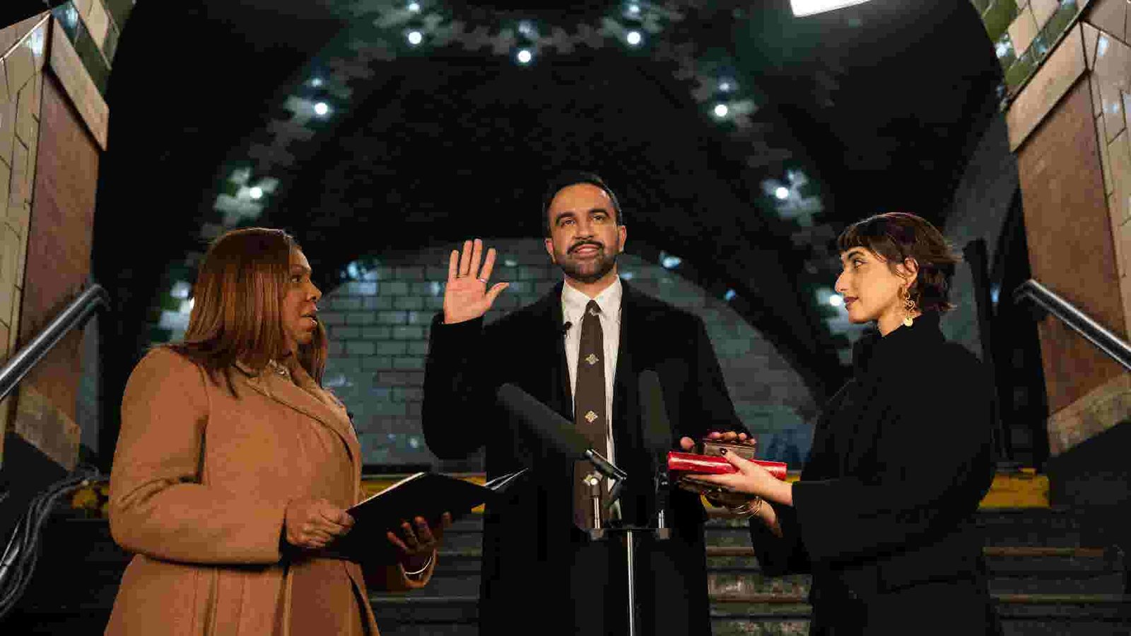 Zohran Mamdani takes the oath of office as NYC Mayor at City Hall.