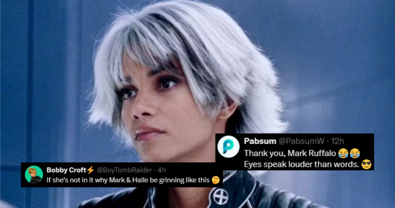 Halle Berry as Storm in an action pose, surrounded by swirling winds and lightning, hinting at her return to the MCU.
