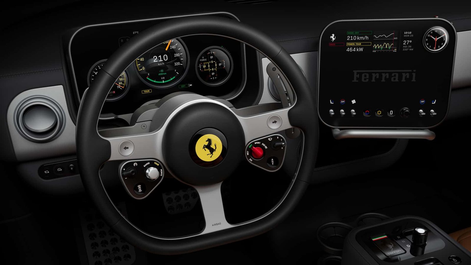 A sleek, modern Ferrari interior concept with minimalist design, large central screen, and premium materials, reflecting an Apple-inspired aesthetic.