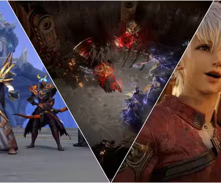 A group of Project Gorgon player characters standing around an NPC in Serbule, with visual stuttering implying network latency.