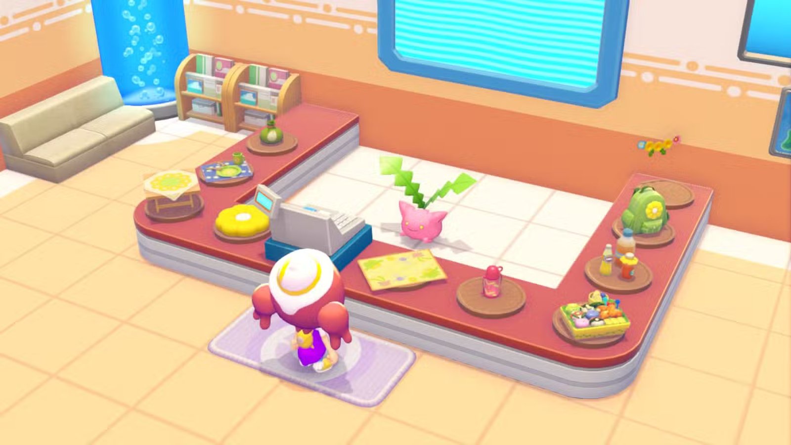 An in-game screenshot showcasing a trainer wearing Hoppip-themed accessories and holding a unique item, representing event rewards.