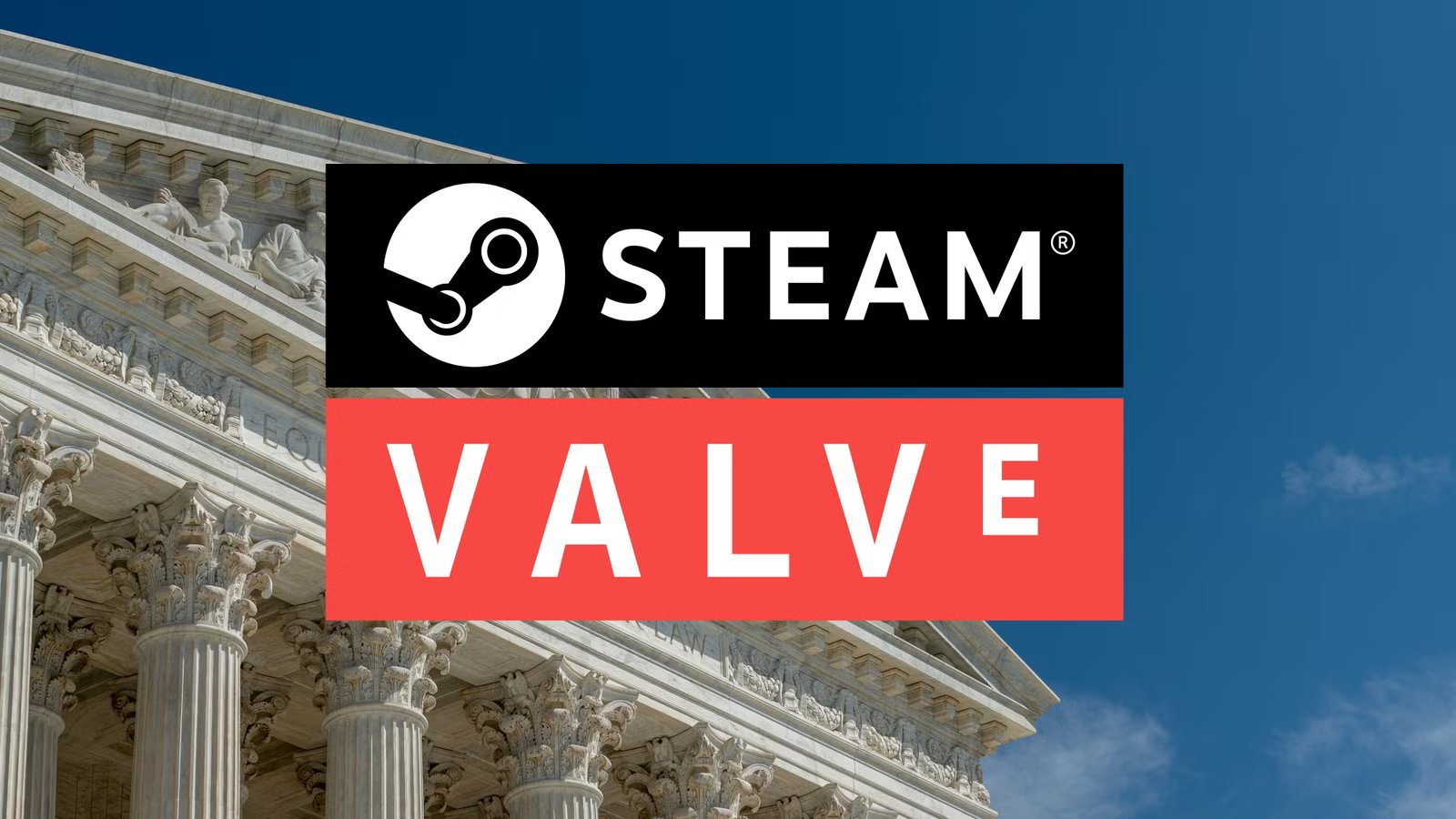 A close-up of legal documents with a gavel and a Steam logo overlay, symbolizing the lawsuit against Valve.