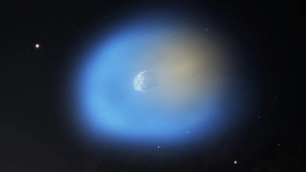 A stylized depiction of an interstellar comet with a glowing, multi-colored tail, indicating unusual chemical emissions, against a backdrop of distant stars.