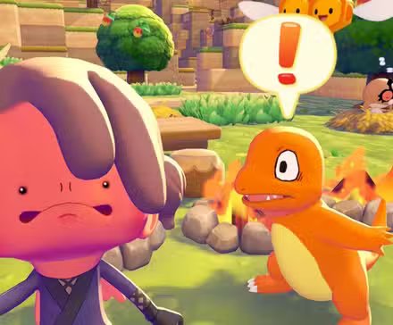 A trainer character interacting with a Hoppip in a lush, green environment of Pokopia, demonstrating event gameplay.