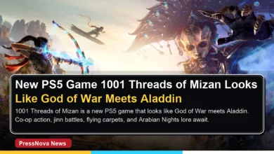 1001 Threads of Mizan game key art showing heroes on flying carpet battling giant jinn