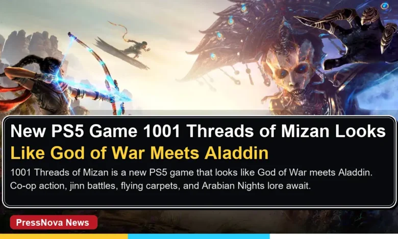 1001 Threads of Mizan game key art showing heroes on flying carpet battling giant jinn
