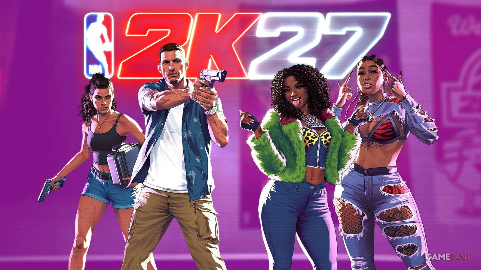 NBA 2K27 GTA 6 crossover speculation graphic with Vice City themed basketball court concept