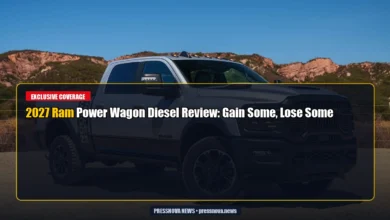 2027 Ram Power Wagon Diesel tackling off-road trail with Cummins badge visible