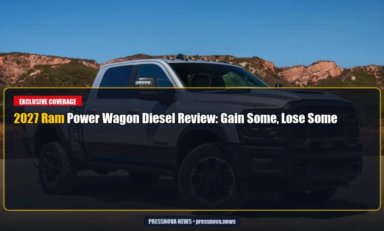2027 Ram Power Wagon Diesel tackling off-road trail with Cummins badge visible