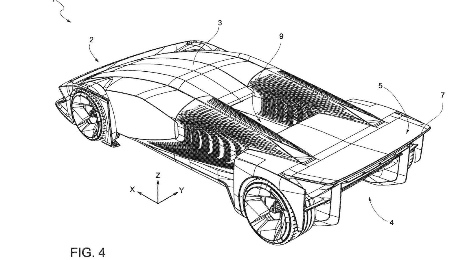 Ferrari patent drawing of hypercar with extendable rear wing and integrated light bar