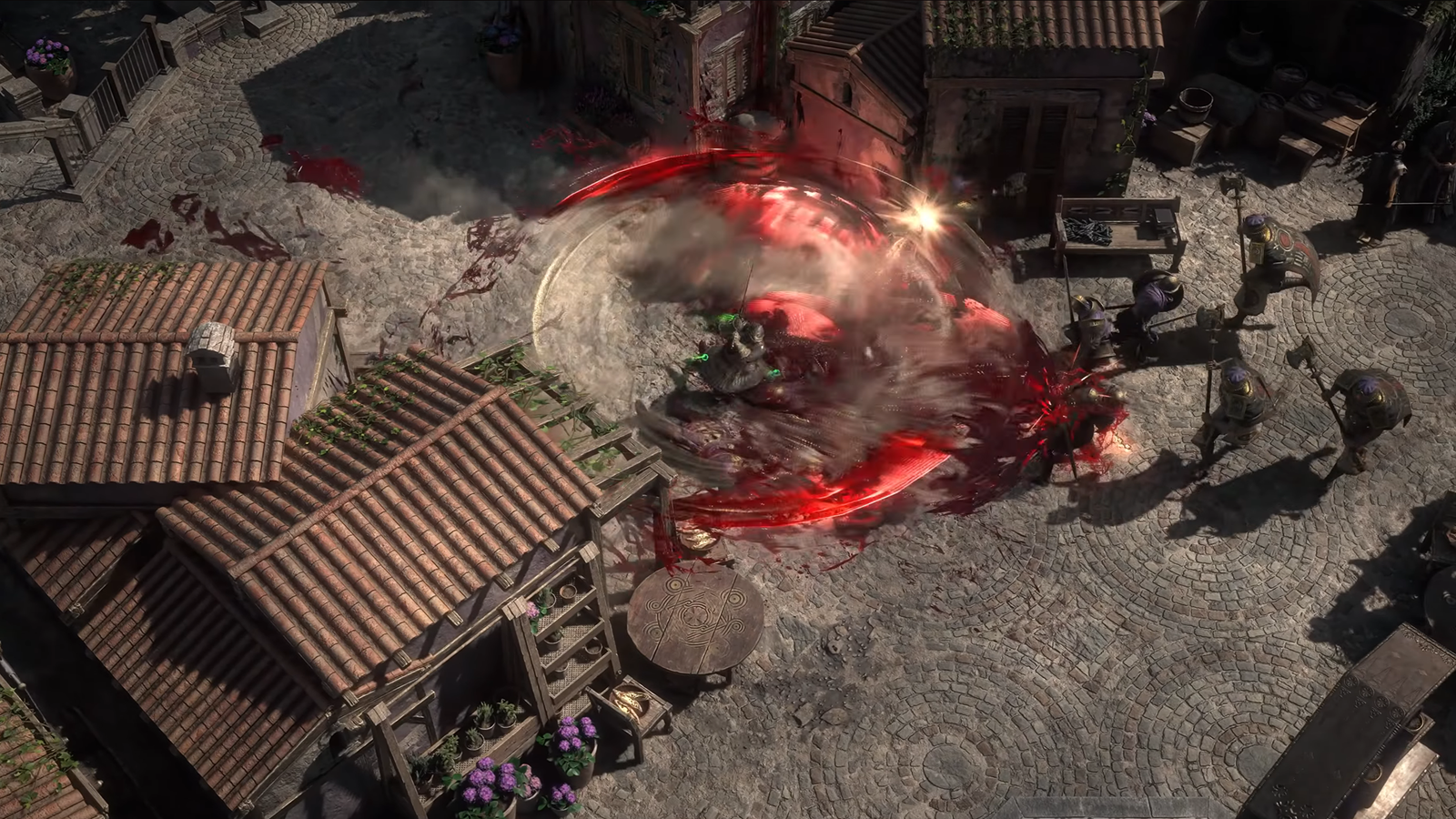 Path of Exile 2 Duelist class gameplay trailer showing Cyclone skill with blood and sand stance effects Path of Exile 2 Duelist class gameplay trailer showing Cyclone skill with blood and sand stance effects