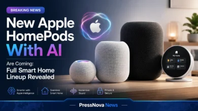 Apple HomePod with display render showing square touchscreen with smart home controls and widgets