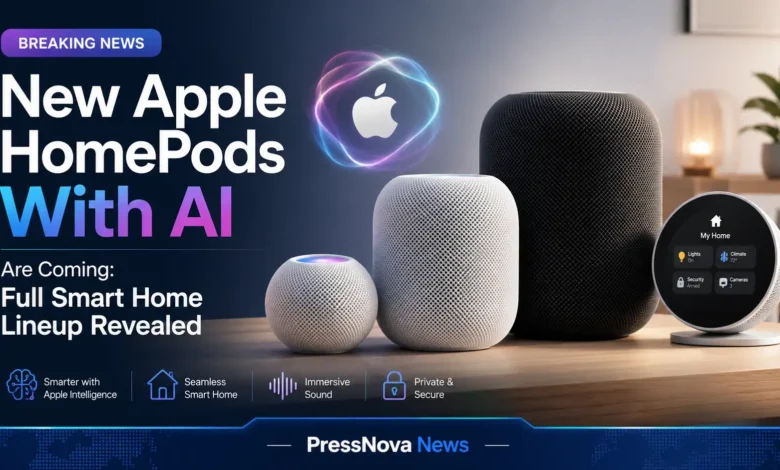 Apple HomePod with display render showing square touchscreen with smart home controls and widgets