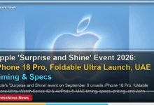 Apple 'Surprise and Shine' event invitation featuring glowing translucent Apple logo against blue sky announcing September 9 keynote