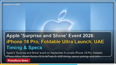 Apple 'Surprise and Shine' event invitation featuring glowing translucent Apple logo against blue sky announcing September 9 keynote