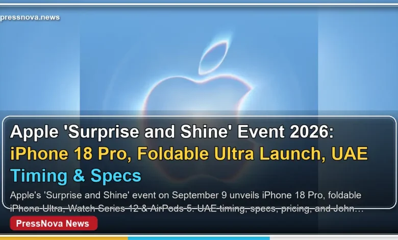Apple 'Surprise and Shine' event invitation featuring glowing translucent Apple logo against blue sky announcing September 9 keynote