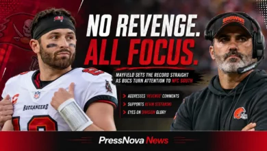 Baker Mayfield dropping back to pass for the Tampa Bay Buccaneers against the Atlanta Falcons