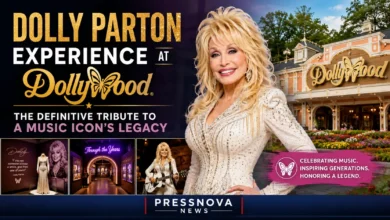 Dolly Parton Experience at Dollywood entrance with fans gathering to celebrate the country music legend's life and legacy