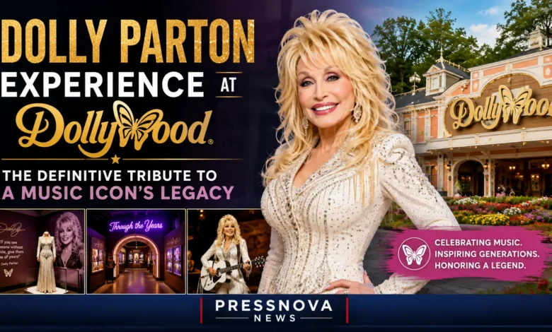 Dolly Parton Experience at Dollywood entrance with fans gathering to celebrate the country music legend's life and legacy