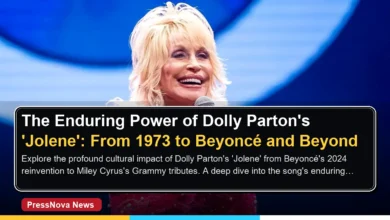 Dolly Parton performing Jolene on stage in sequined gown with signature blonde wig and guitar