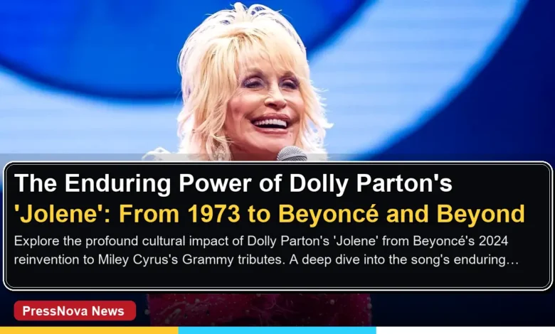 Dolly Parton performing Jolene on stage in sequined gown with signature blonde wig and guitar