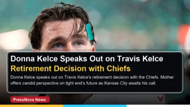 Donna Kelce smiling in Chiefs gear at an NFL game supporting her son Travis Kelce