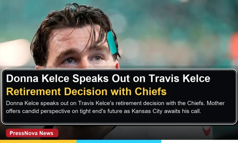 Donna Kelce smiling in Chiefs gear at an NFL game supporting her son Travis Kelce