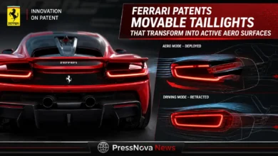Ferrari active aerodynamic taillights patent drawings showing movable rear light assembly and extendable wing system