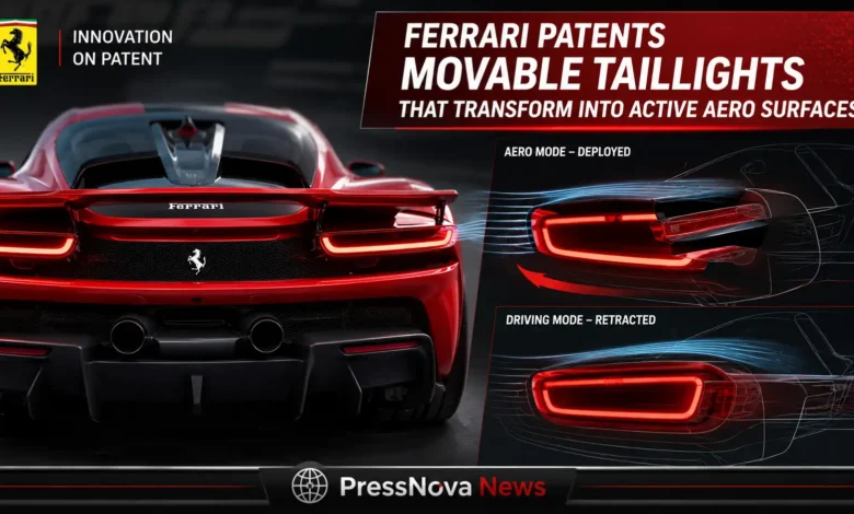 Ferrari active aerodynamic taillights patent drawings showing movable rear light assembly and extendable wing system