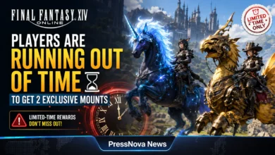 Final Fantasy 14 Alsvid the Unicorn mount with rainbow-colored mane standing in Eorzea's grassy plains