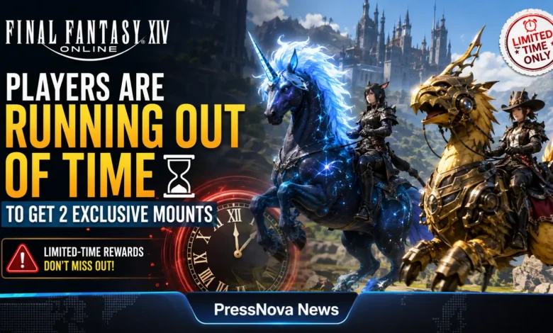 Final Fantasy 14 Alsvid the Unicorn mount with rainbow-colored mane standing in Eorzea's grassy plains