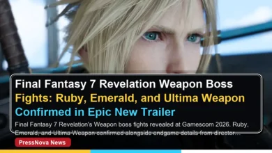 Final Fantasy 7 Revelation Weapon boss fights featuring Ruby Weapon, Emerald Weapon, and Ultima Weapon in the Gamescom 2026 trailer