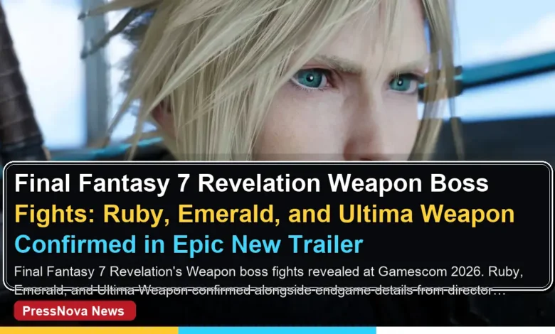 Final Fantasy 7 Revelation Weapon boss fights featuring Ruby Weapon, Emerald Weapon, and Ultima Weapon in the Gamescom 2026 trailer
