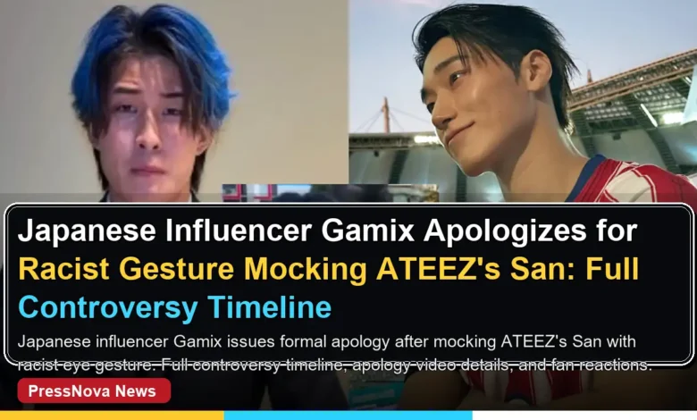 Japanese influencer Gamix apologizes in black suit for racist gesture mocking ATEEZ member San