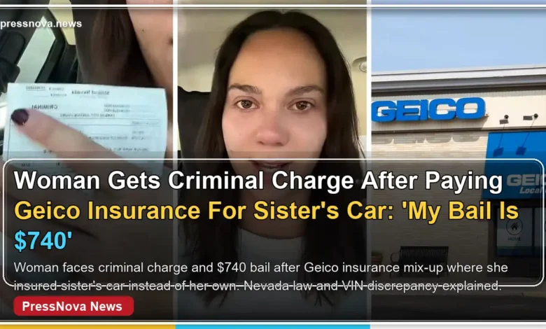 Woman holding Geico insurance citation after criminal charge for VIN mix-up
