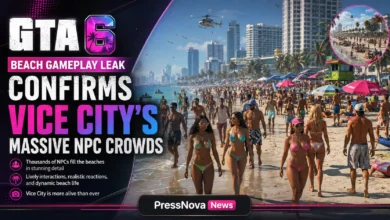 GTA 6 beach gameplay leak showing protagonist Jason riding motorcycle along Vice City shoreline with dense NPC crowd in background