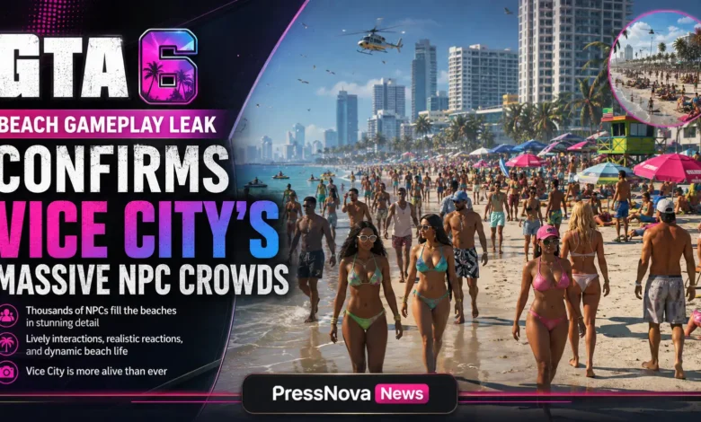 GTA 6 beach gameplay leak showing protagonist Jason riding motorcycle along Vice City shoreline with dense NPC crowd in background