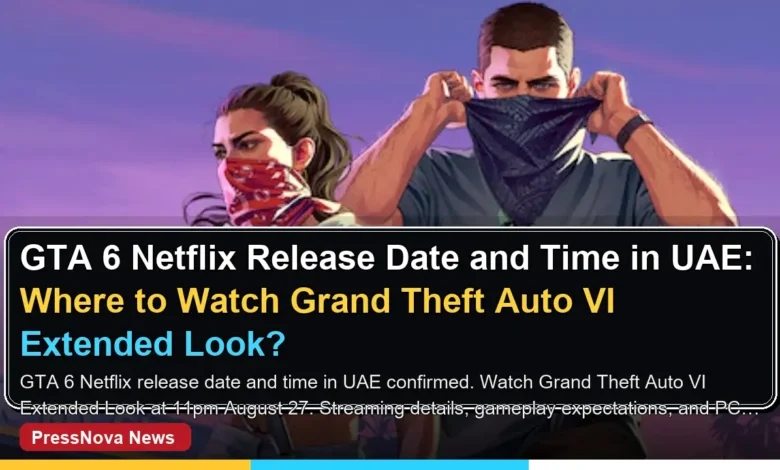 Grand Theft Auto VI extended look Netflix premiere promotional artwork with Jason and Lucia